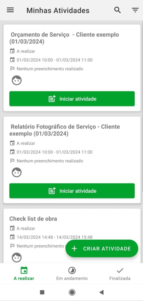 Exemplo de como acontece o preenchimento e o planejamento das atividades no aplicativo do Produttivo