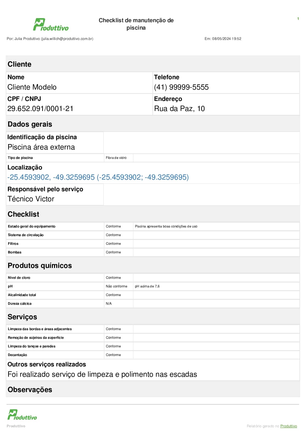 Modelo de checklist digital para manutenção de piscina com campos de identificação da piscina, localização, questões de checklist e observações