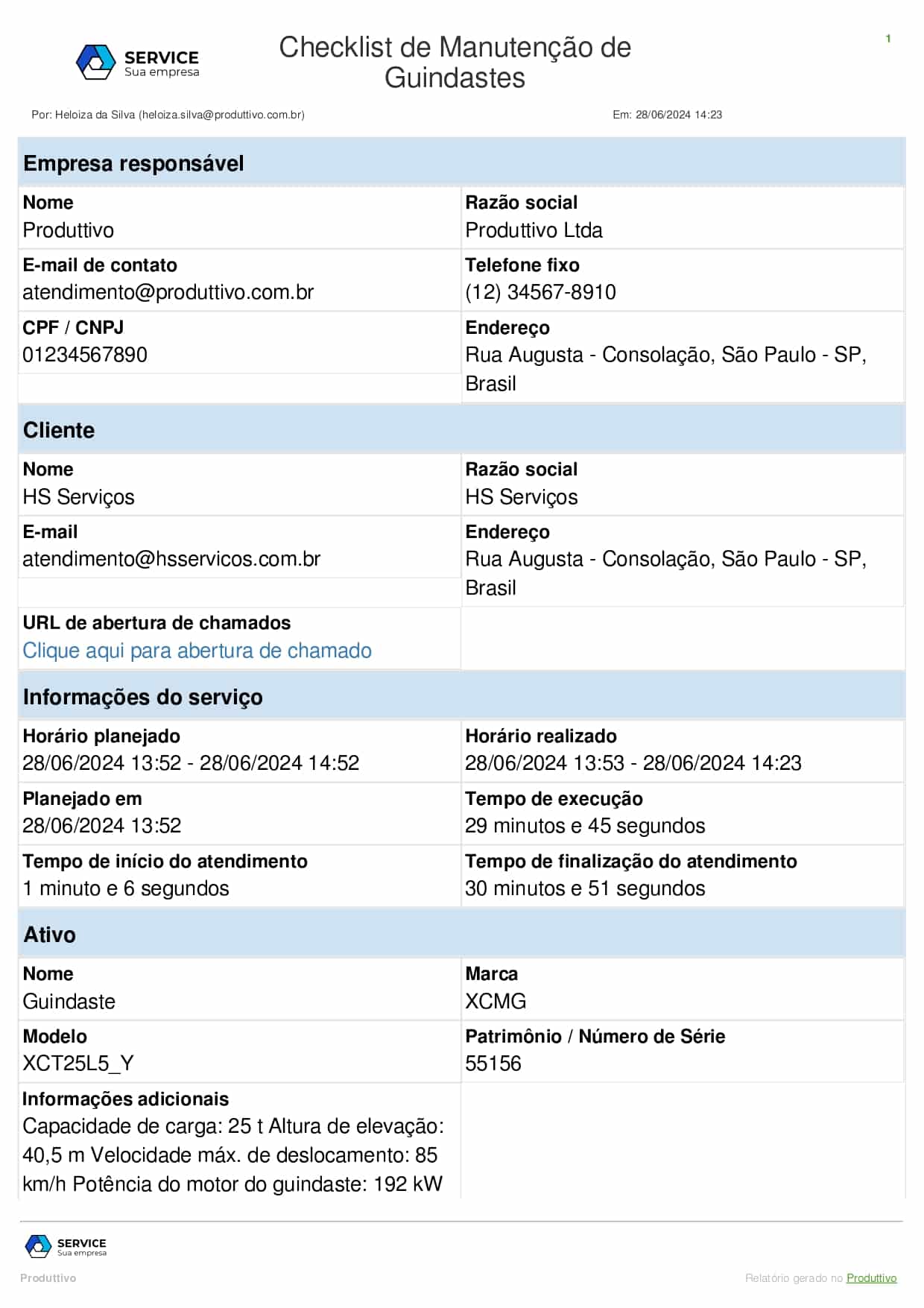 Checklist de manutenção de guindastes gerada no Produttivo 01