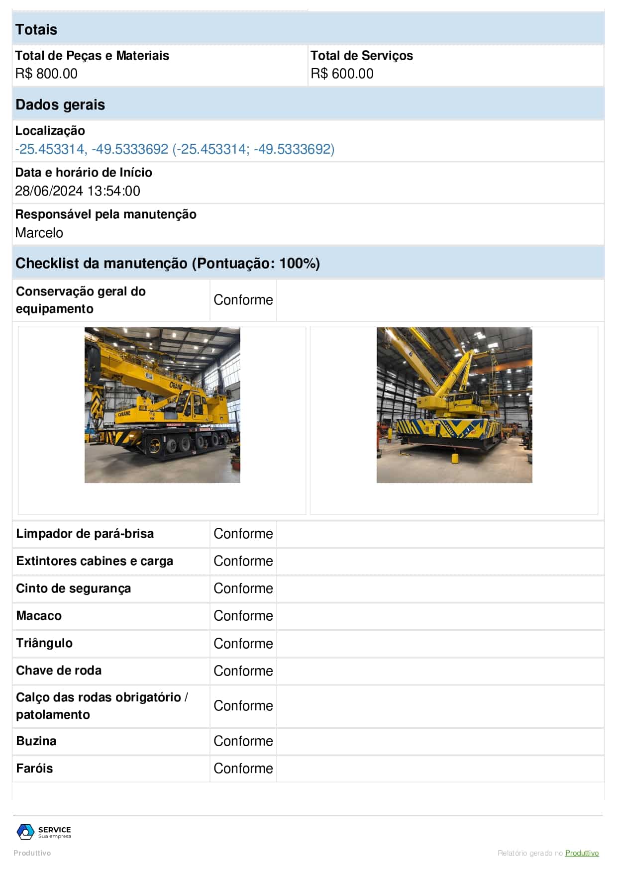 Checklist de manutenção de guindastes gerada no Produttivo 02