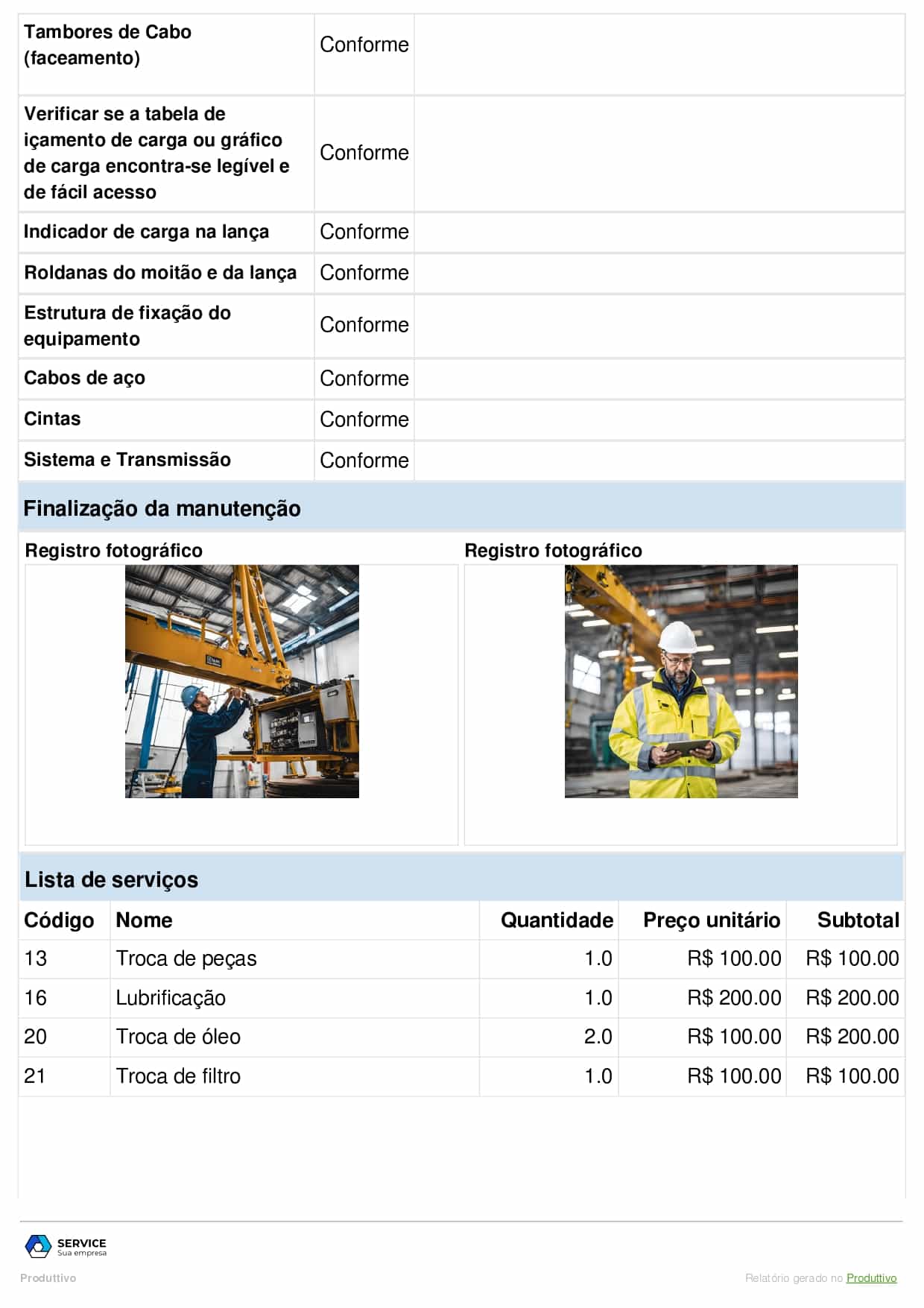 Checklist de manutenção de guindastes gerada no Produttivo 05
