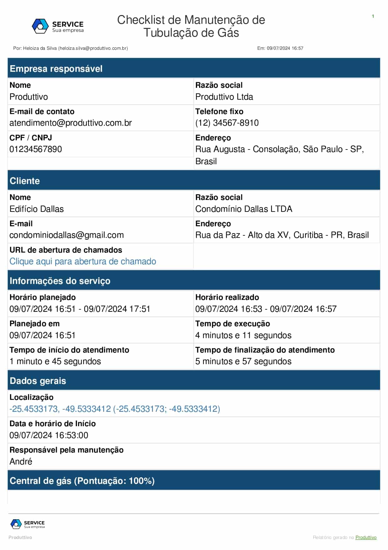Checklist manutenção tubulação de gás gerado no sitema do Produttivo página 01