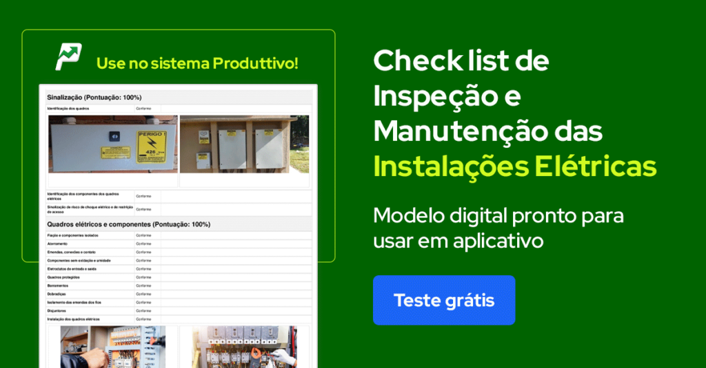 Banner convidando a testar gratuitamente o Checklist de Instalações Elétricas do Produttivo