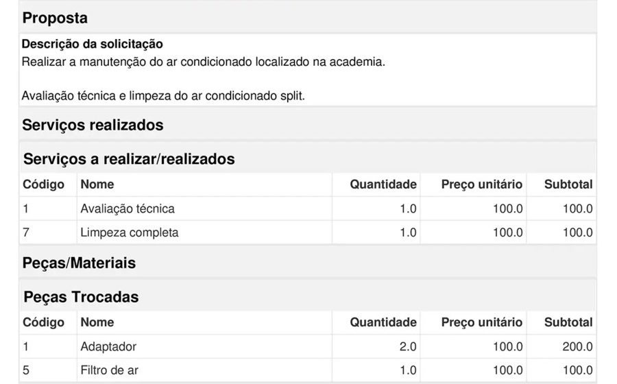 Recorte de um modelo de orçamento digital mostrando os serviços a serem realizados, os preços cobrados por cada serviço e o preço cobrado pelos materiais utilizados