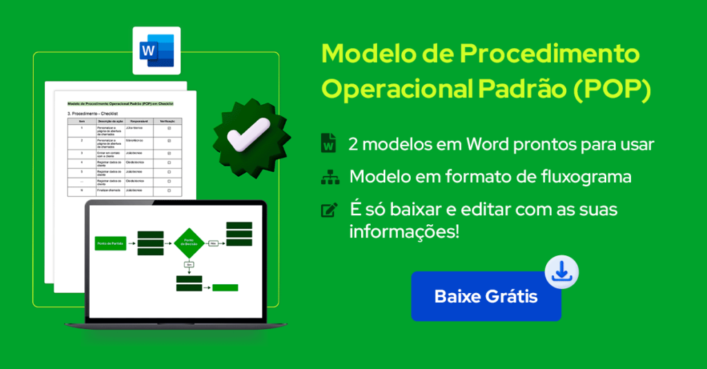 Imagem em formato de banner mostrando as opção de modelos de procedimento operacionais padrão disponíveis (dois modelos em Word e um em fluxograma) e convidando a baixar gratuitamente