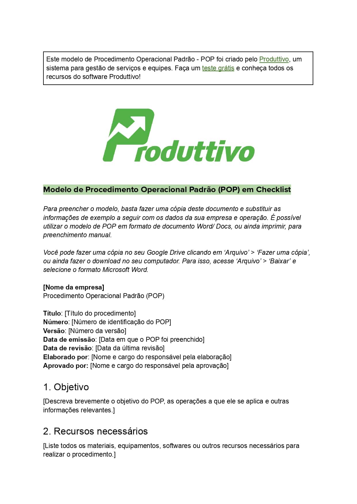 Imagem de um modelo de Procedimento Operacional Padrão em formao de checklist, em branco