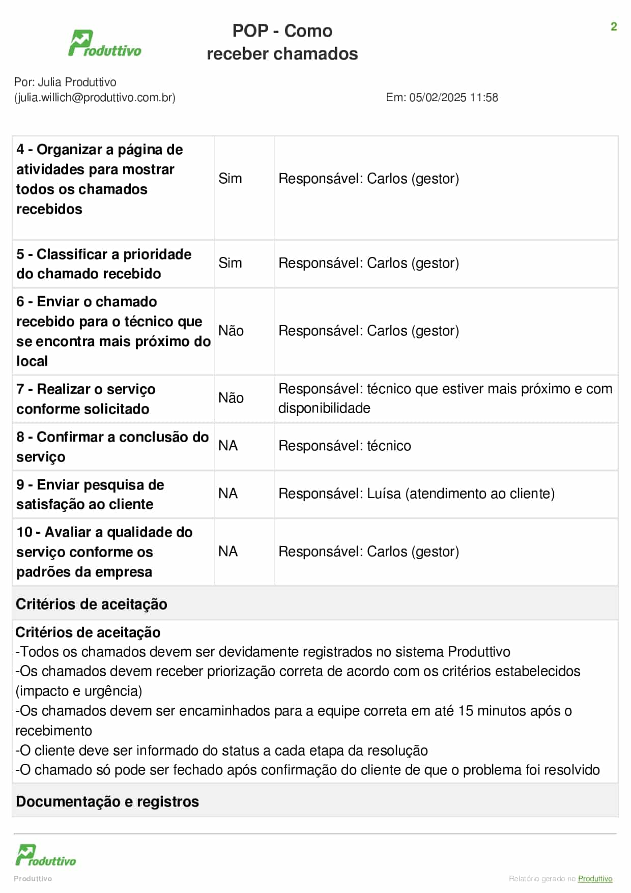 Segunda página de um modelo digital de Procedimento Operacional Padrão feito dentro do Produttivo