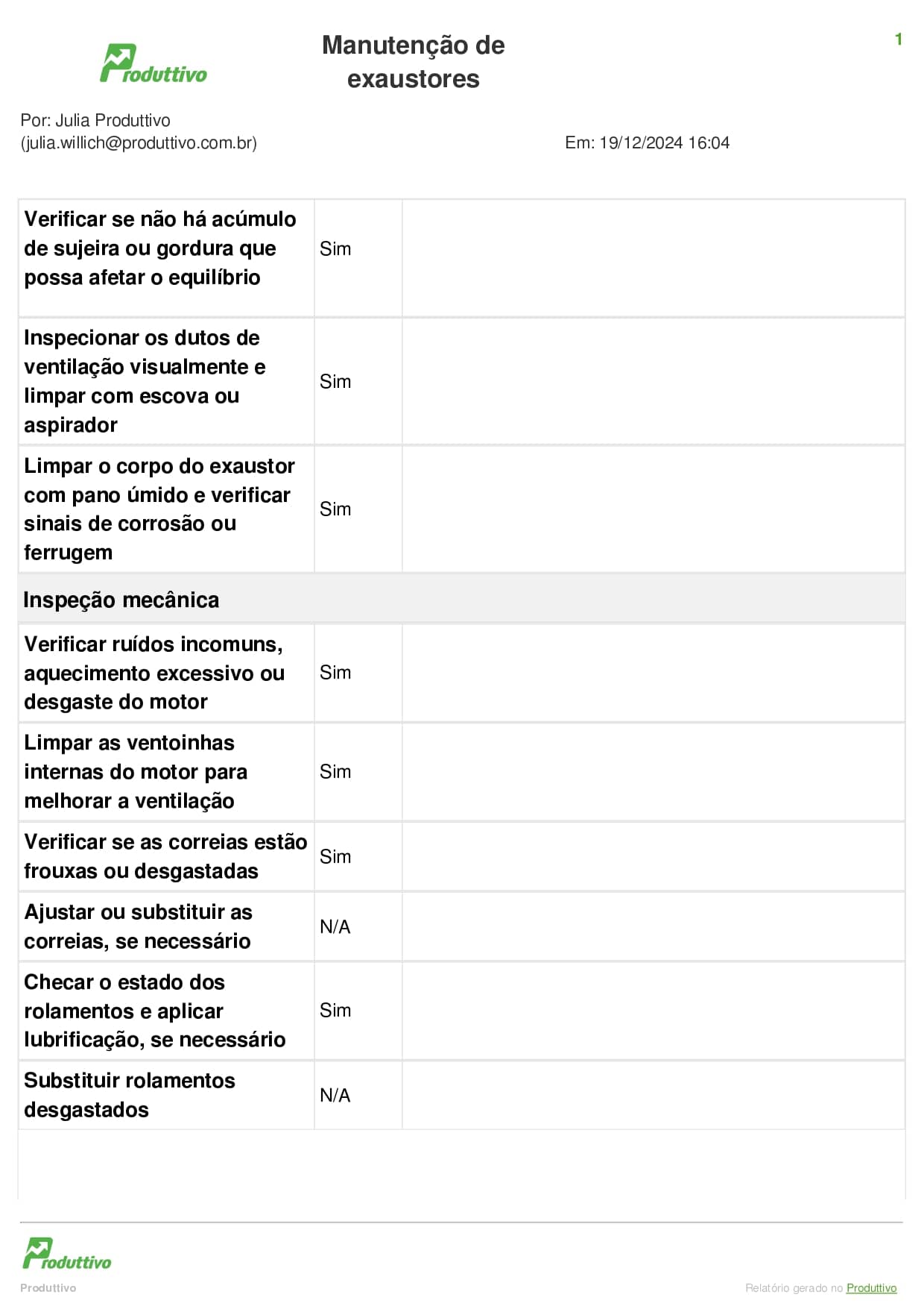 Segunda página de um modelo digital de checklist de manutenção de exaustores
