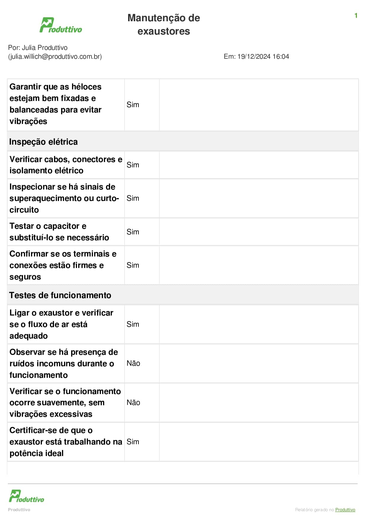 Terceira página de um modelo digital de checklist de manutenção de exaustores
