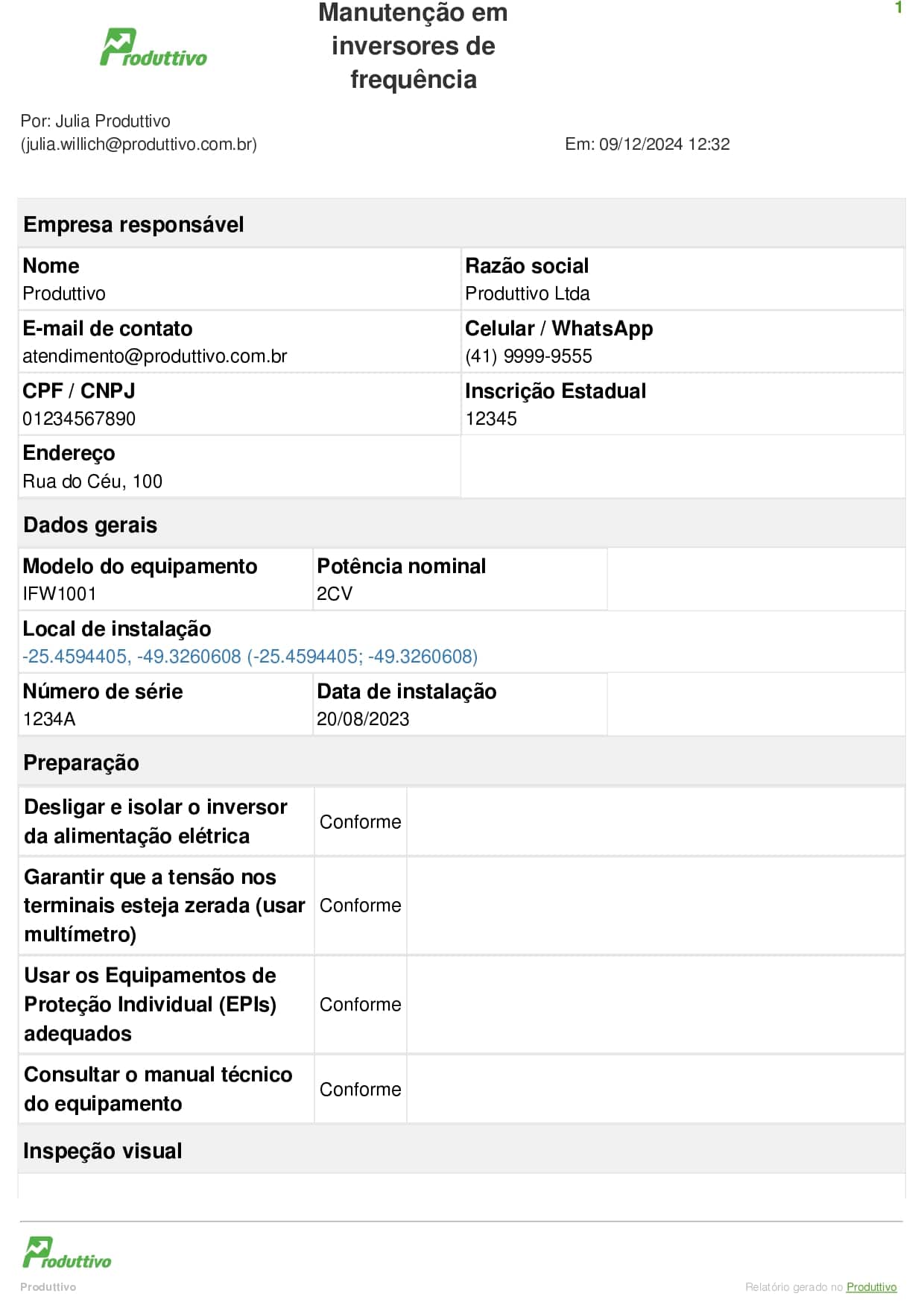 Primeira página de um checklist digital de manutenção em inversores de frequência