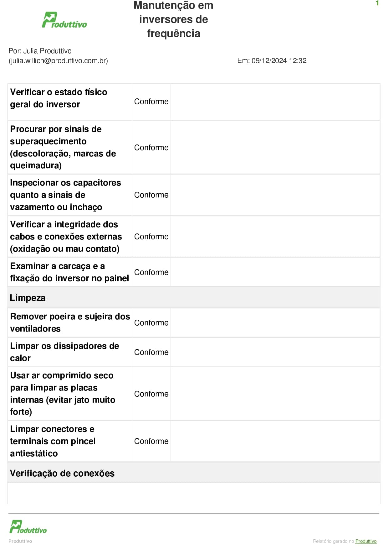 Segunda página de um checklist digital de manutenção em inversores de frequência