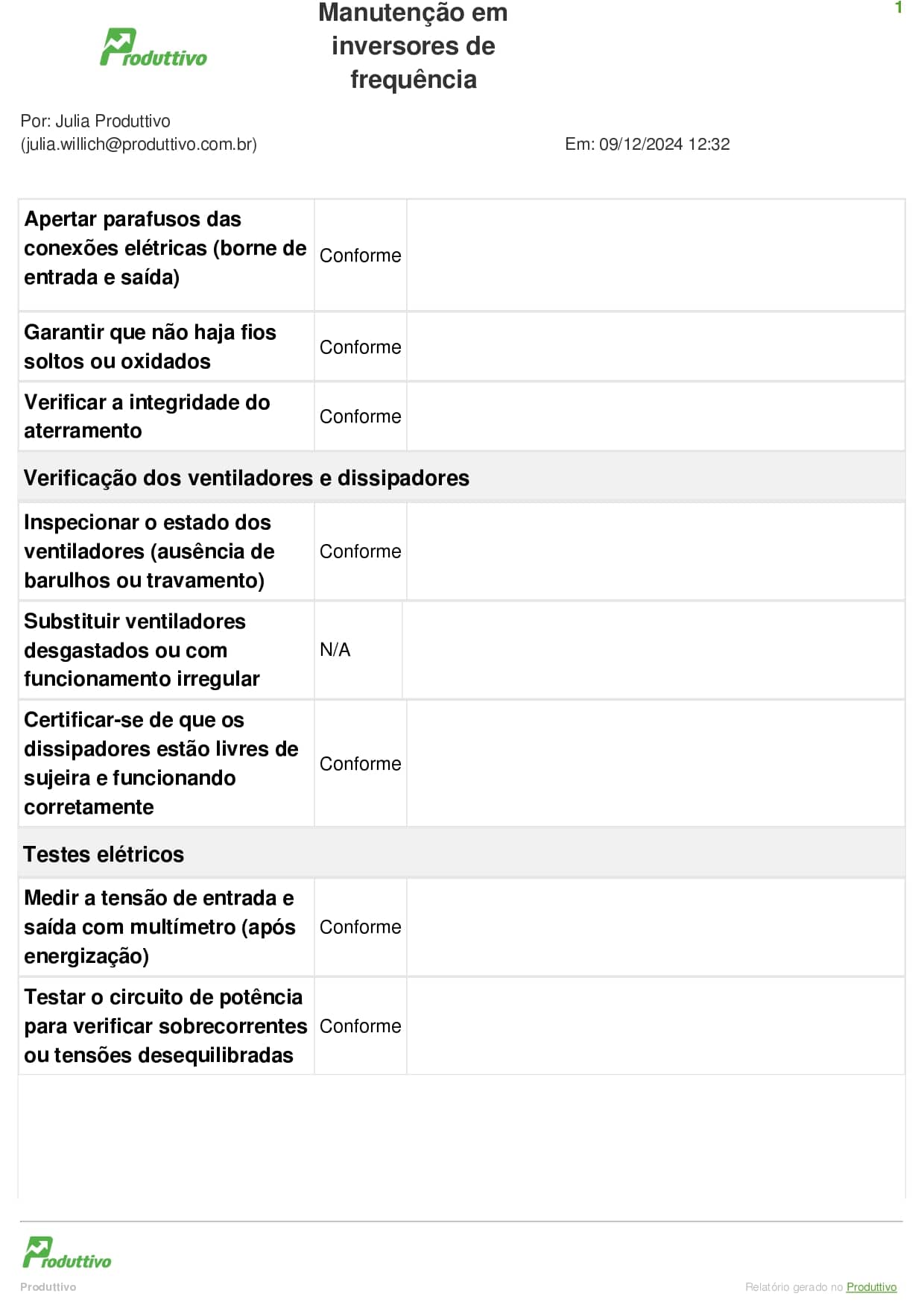 Terceira página de um checklist digital de manutenção em inversores de frequência