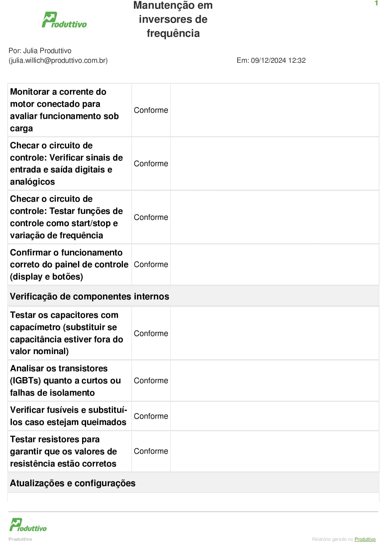 Quarta página de um checklist digital de manutenção em inversores de frequência