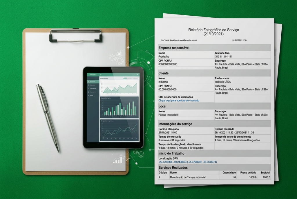 Relatório de visita técnica sendo preenchido em tablet por técnico em campo.