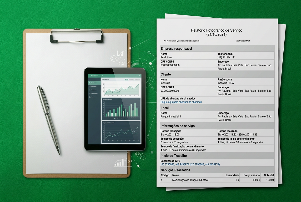 Relatório de visita técnica sendo preenchido em tablet por técnico em campo.