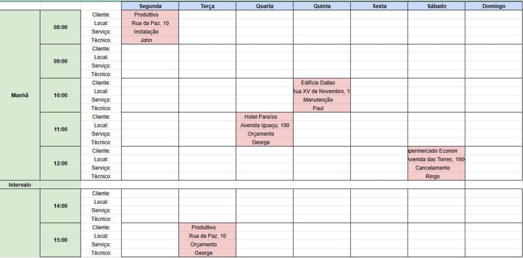 Print de uma planilha de cronograma de visita técnica, separada por dias da semana e horários