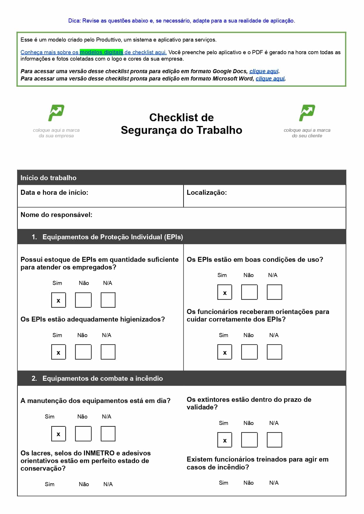 Imagem mostrando um modelo em Word de checklist de segurança do trabalho