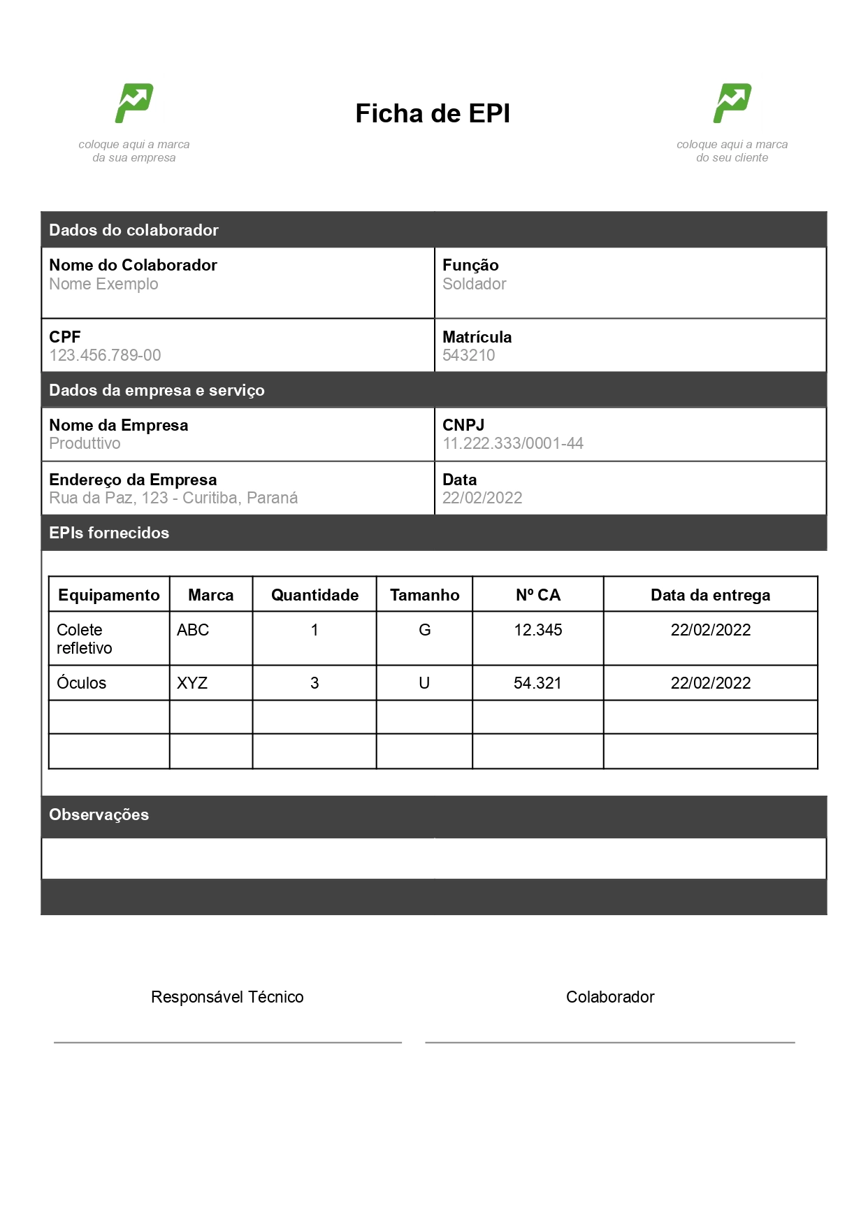 Ficha de EPI completa - modelo em Word para baixar grátis