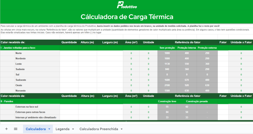 Planilha calculadora de BTUs e calculadora de carga térmica