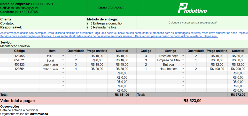 planilha de orçamento Produttivo