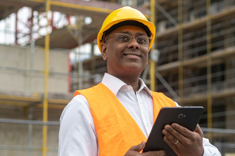 Engenheiro usando tablet em obra para gestão de documentação técnica