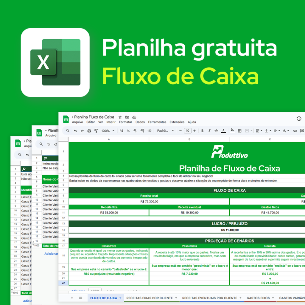 planilha de fluxo de caixa editável no Excel do Produttivo