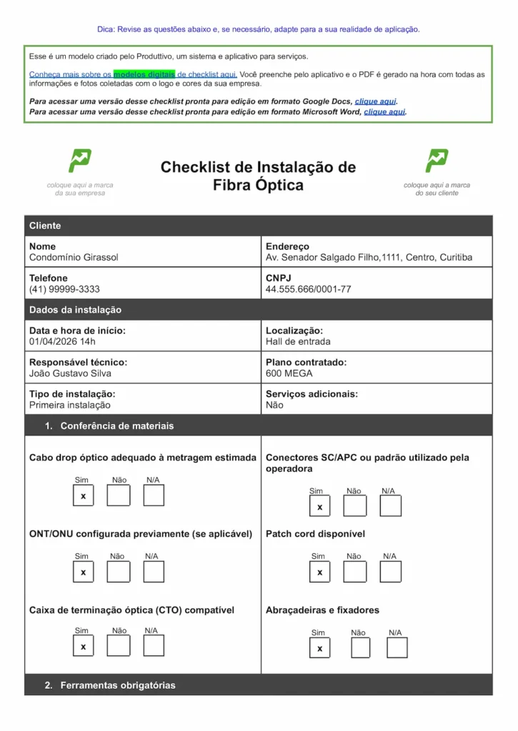 checklist de instalação de fibra óptica