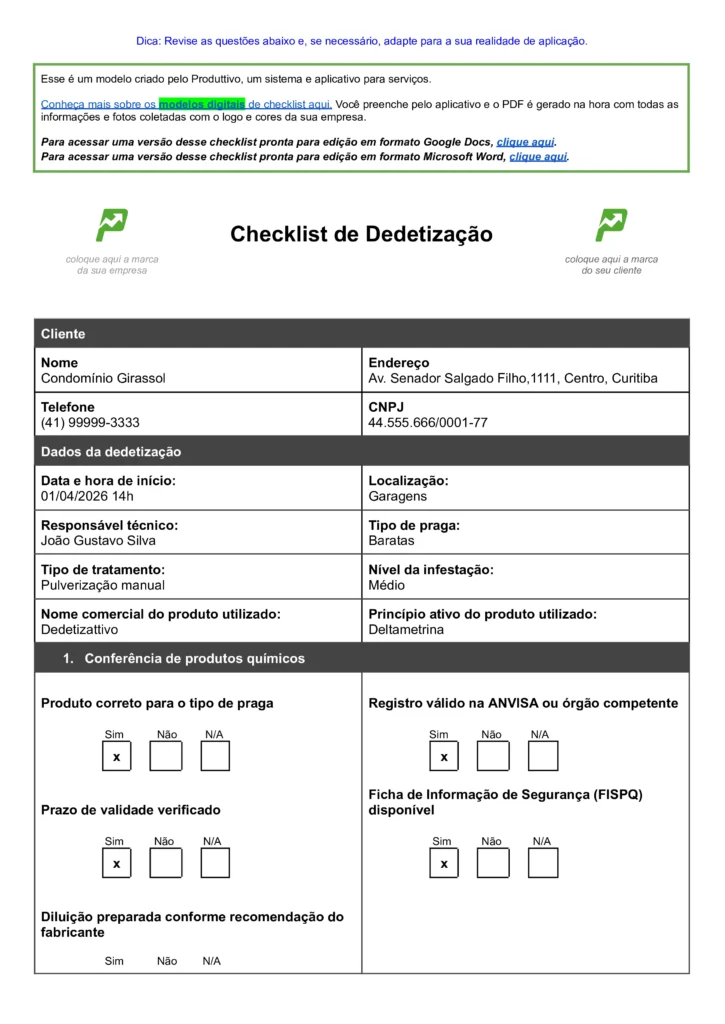 modelo de checklist de dedetização