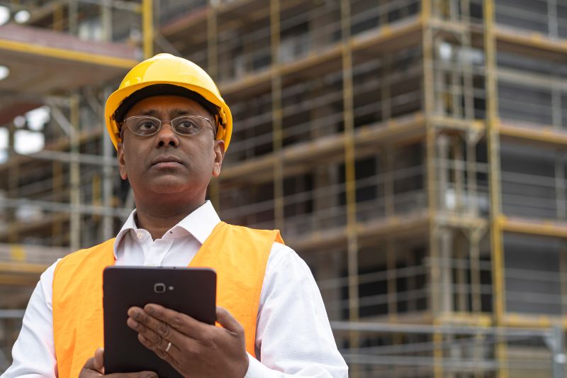 homem negro com EPIs usando o aplicativo de gest]ao de equipes de campo do Produttivo
