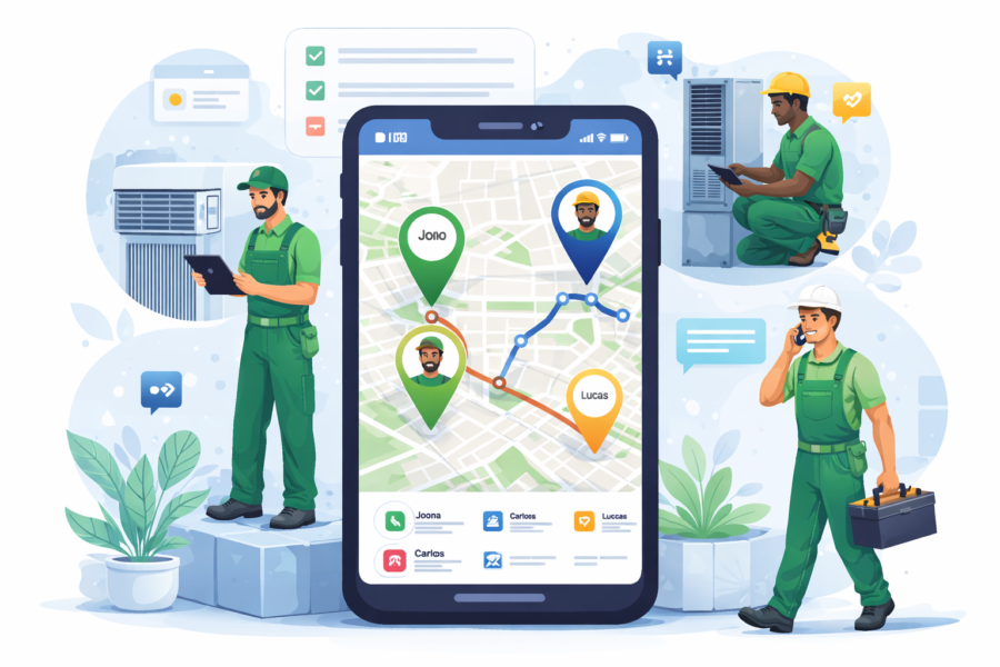 ilustração de tecnicos em campo utilizando sistema de roteirização de equipes