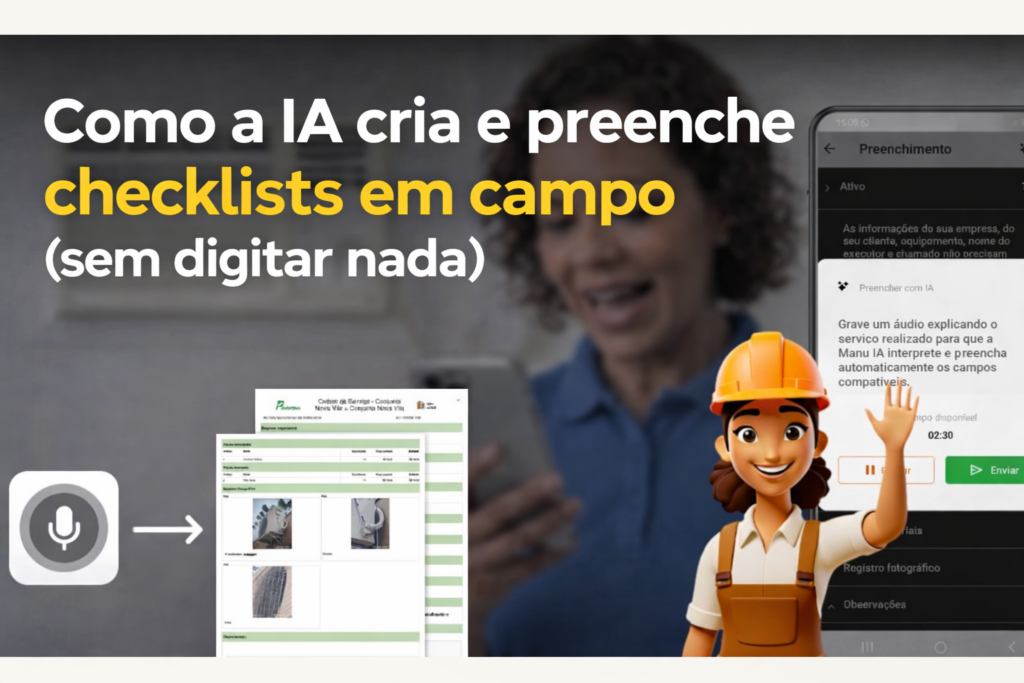 Manu IA do Produttivo preenchendo checklist por áudio no aplicativo mobile em campo