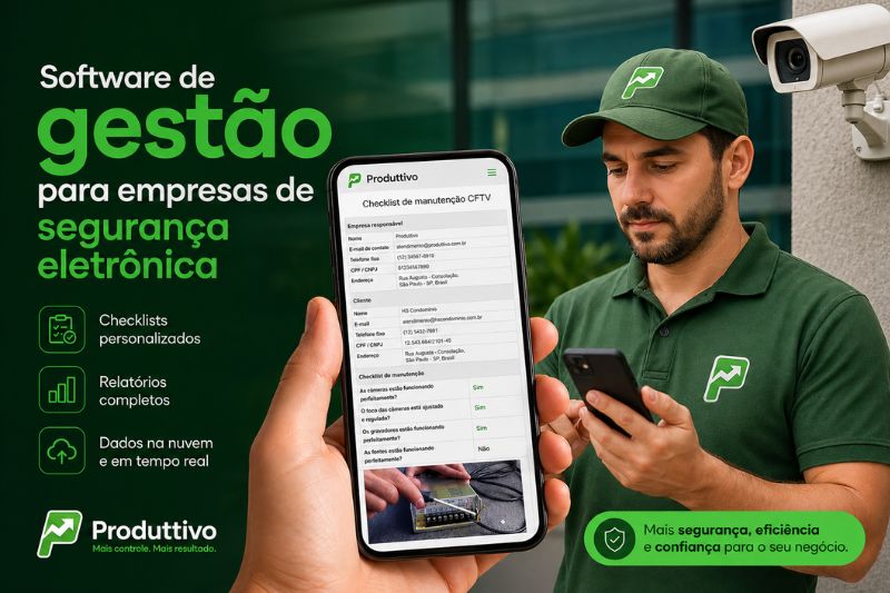 Técnico de manutenção em segurança eletrônica usando software de gestão para empresas de segurança eletrônica.
