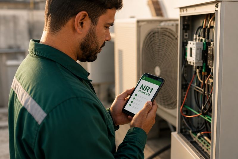 Técnico de manutenção com uniforme verde segurando smartphone com tela exibindo "NR-1 Atualizada", ao lado de painel elétrico e unidade de ar condicionado