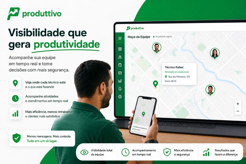 Técnico de campo utilizando smartphone enquanto acompanha a localização e atividades da equipe em tempo real em um painel de mapa digital do Produttivo. A imagem destaca controle de equipe externa, rastreamento de técnicos e visibilidade da operação com interface em verde e branco.