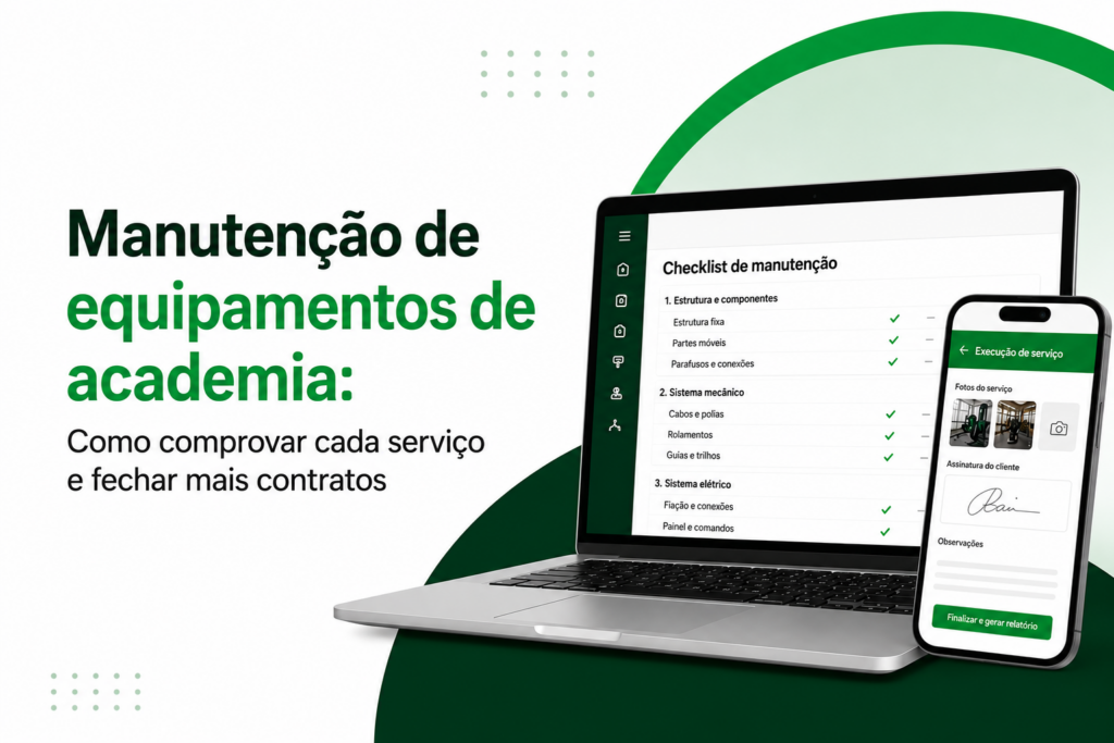Mockup de notebook e celular exibindo checklist digital e relatório para comprovação de manutenção em equipamentos de academia.