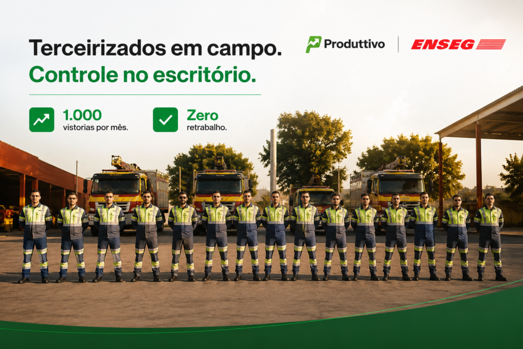 Equipe de vistoria da Enseg uniformizada, enfileirada em frente a viaturas de combate a incêndio, case de gestão de terceirizados com o Produttivo