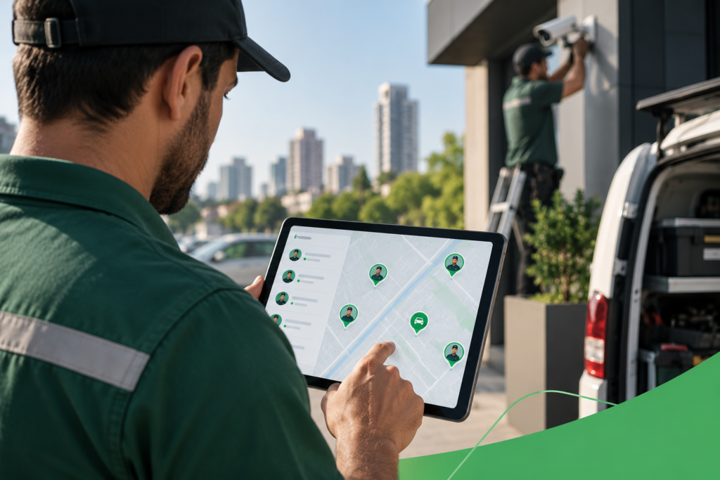 Controle de equipes de segurança eletrônica com técnico acompanhando localização da equipe em tempo real pelo mapa no tablet.
