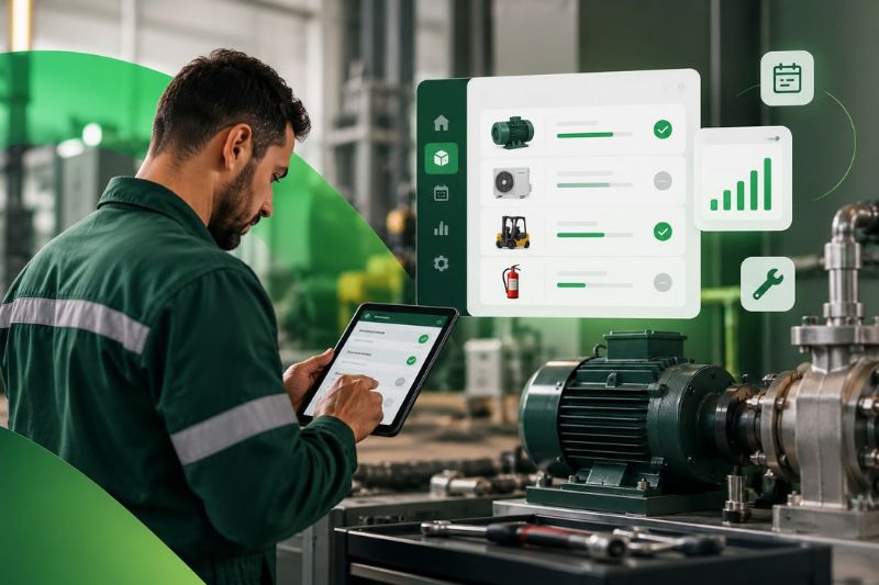 Técnico realizando manutenção interna de ativos industriais com tablet e sistema de gestão de manutenção.