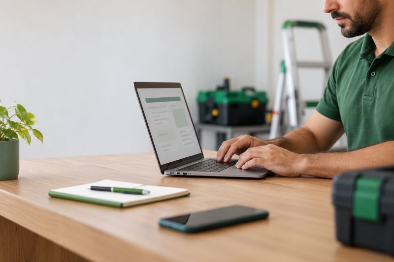 Gestor de uma prestadora de serviços preparando um orçamento no notebook, com ferramentas de manutenção ao fundo.