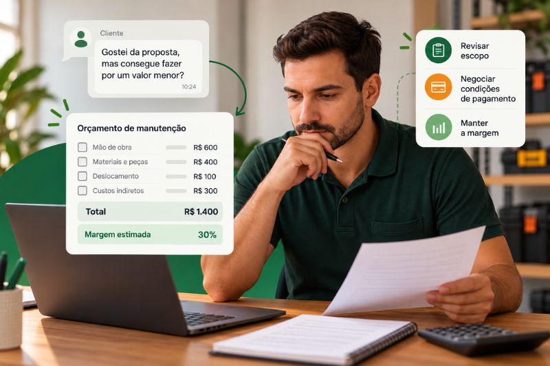 Profissional de manutenção analisando orçamento de serviços, com valores, margem de lucro e opções para negociar com o cliente.